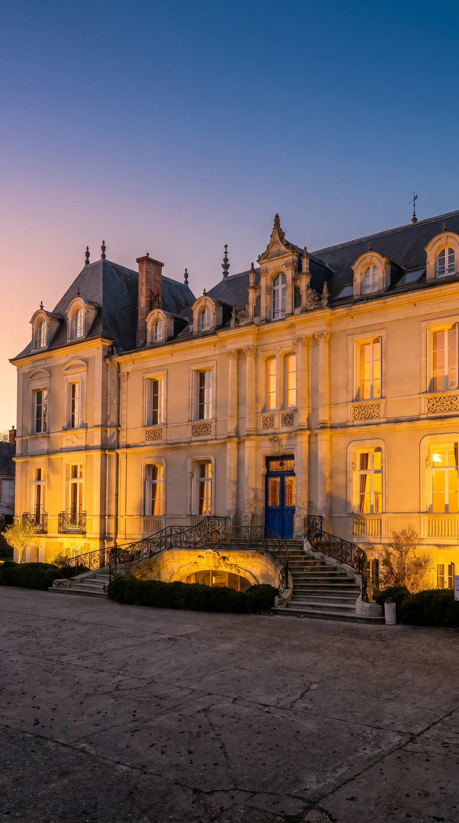 Château d'Ouezy features a large entrance porch, elegant architecture and a welcoming entrance.
