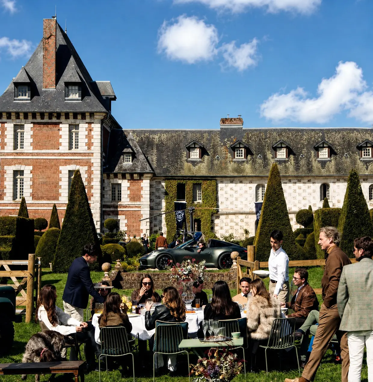 Des membres du club dînent autour d'une table, en pleine conversation.