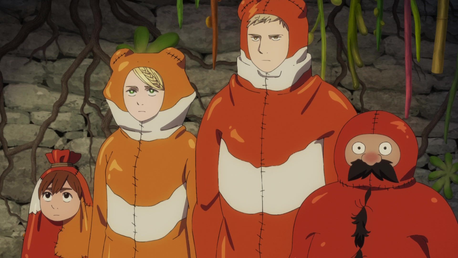 Dungeon Meshi crew wearing frog suits