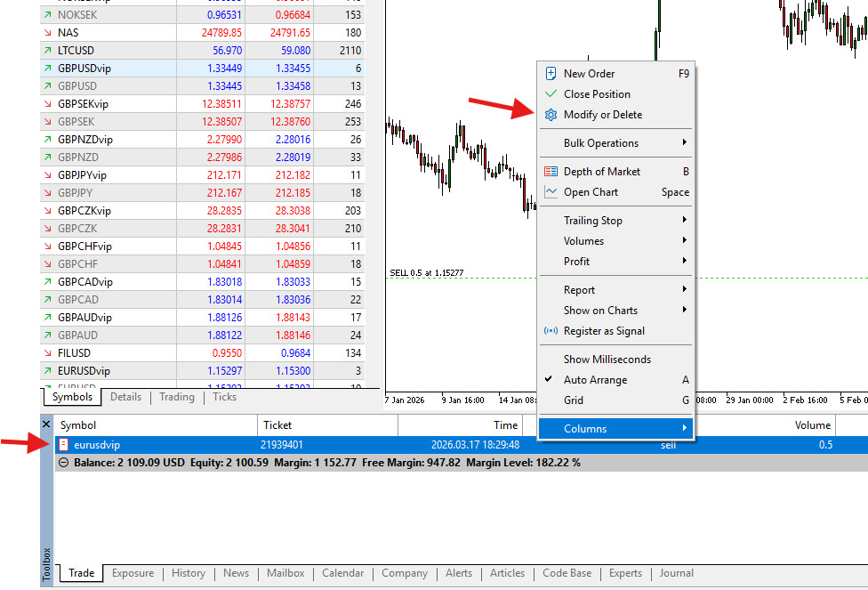 Image showing you how you can modify a trade in MT5