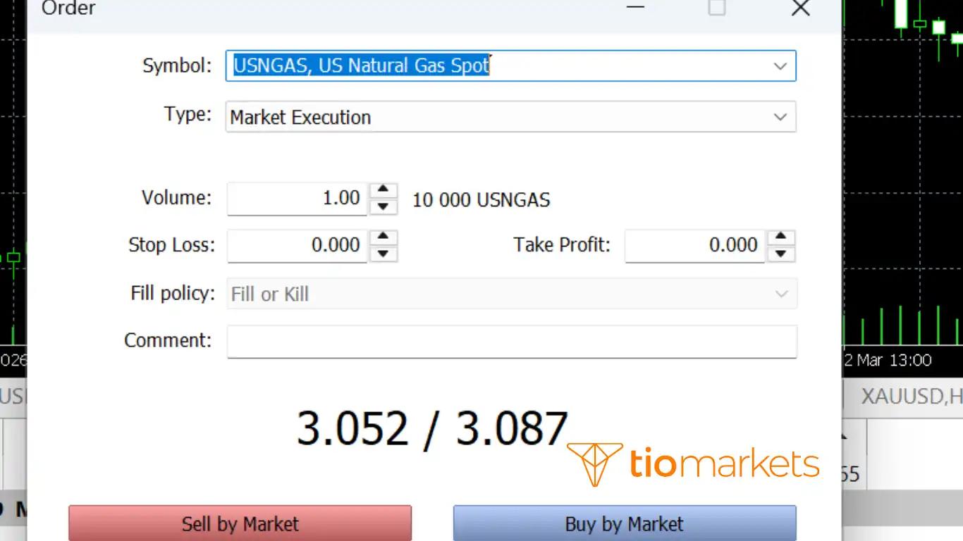 شرح كيفية فتح صفقة تداول على الغاز الطبيعي USNGAS وتحديد حجم اللوت ووقف الخسارة على MT5.
