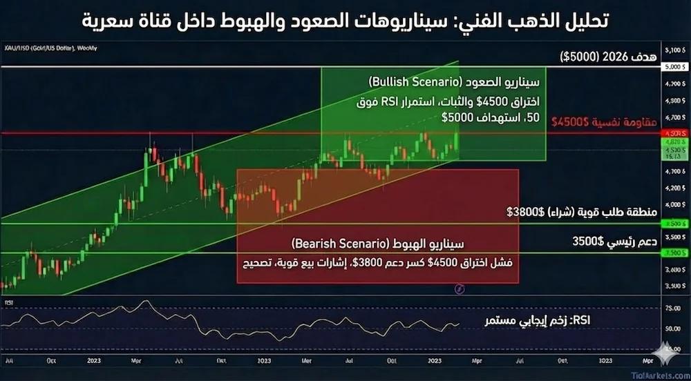 رسم بياني لـ التحليل الفني للذهب (XAUUSD) يظهر قناة سعرية صاعدة، مع سيناريوهات الصعود والهبوط كجزء من توقعات الذهب 2026