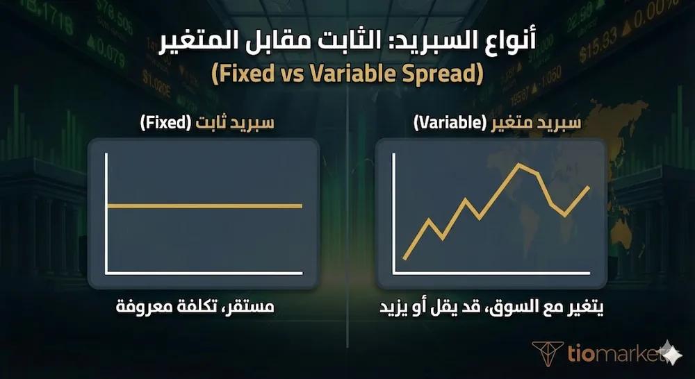 مقارنة بيانية بين السبريد الثابت (مستقر) والسبريد المتغير (متقلب) مع توضيح خصائص كل نوع.