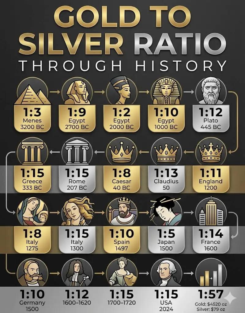 مخطط نسبة الذهب إلى الفضة التاريخية وتأثيرها الإيجابي على توقعات سعر الفضة 2026.