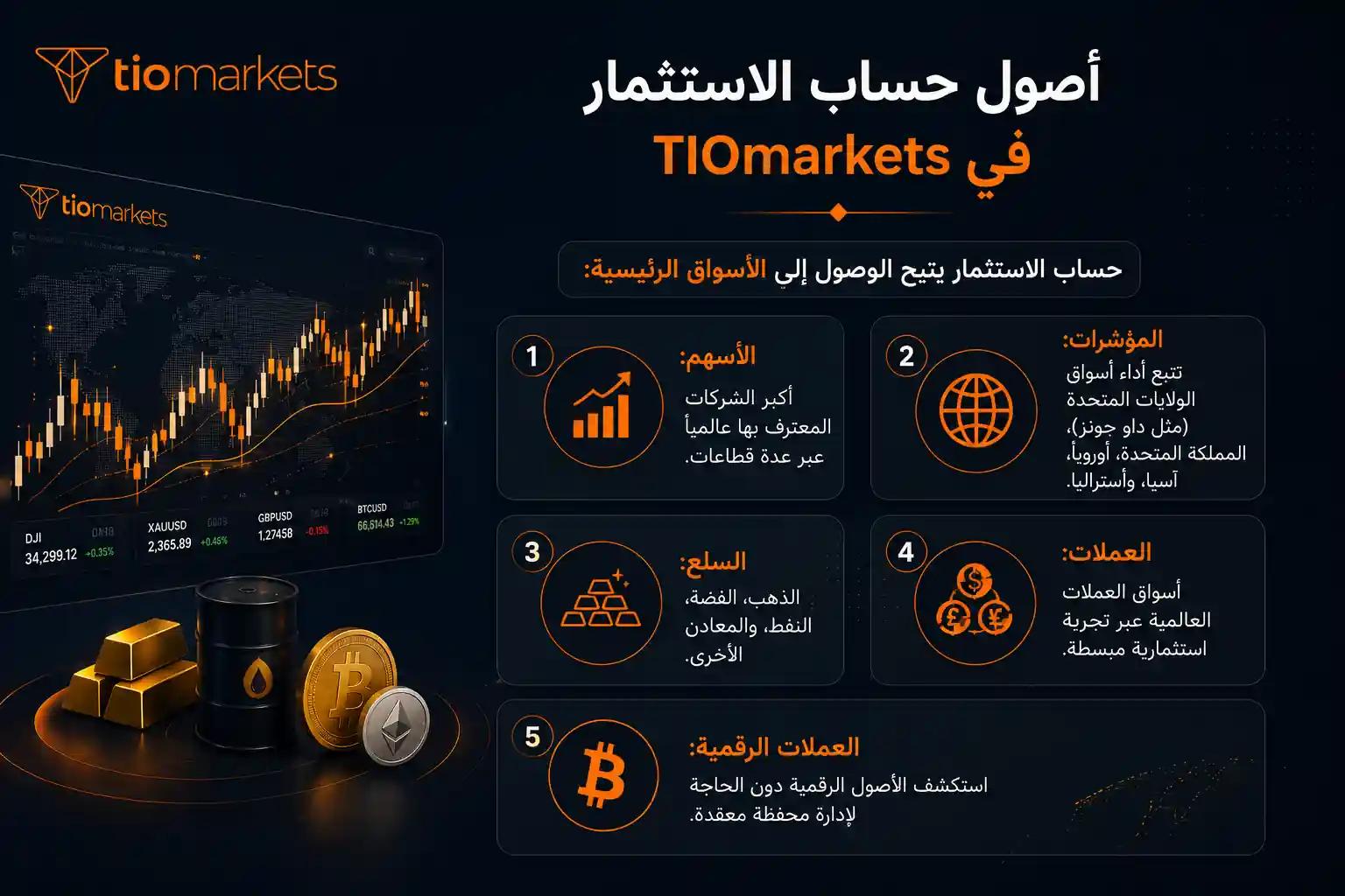 رسم توضيحي يعرض الأصول المتاحة في حساب الاستثمار من TIOmarkets كأفضل وسيط تداول واستثمار، وتشمل الأسهم العالمية، المؤشرات، السلع، العملات، والعملات الرقمية.