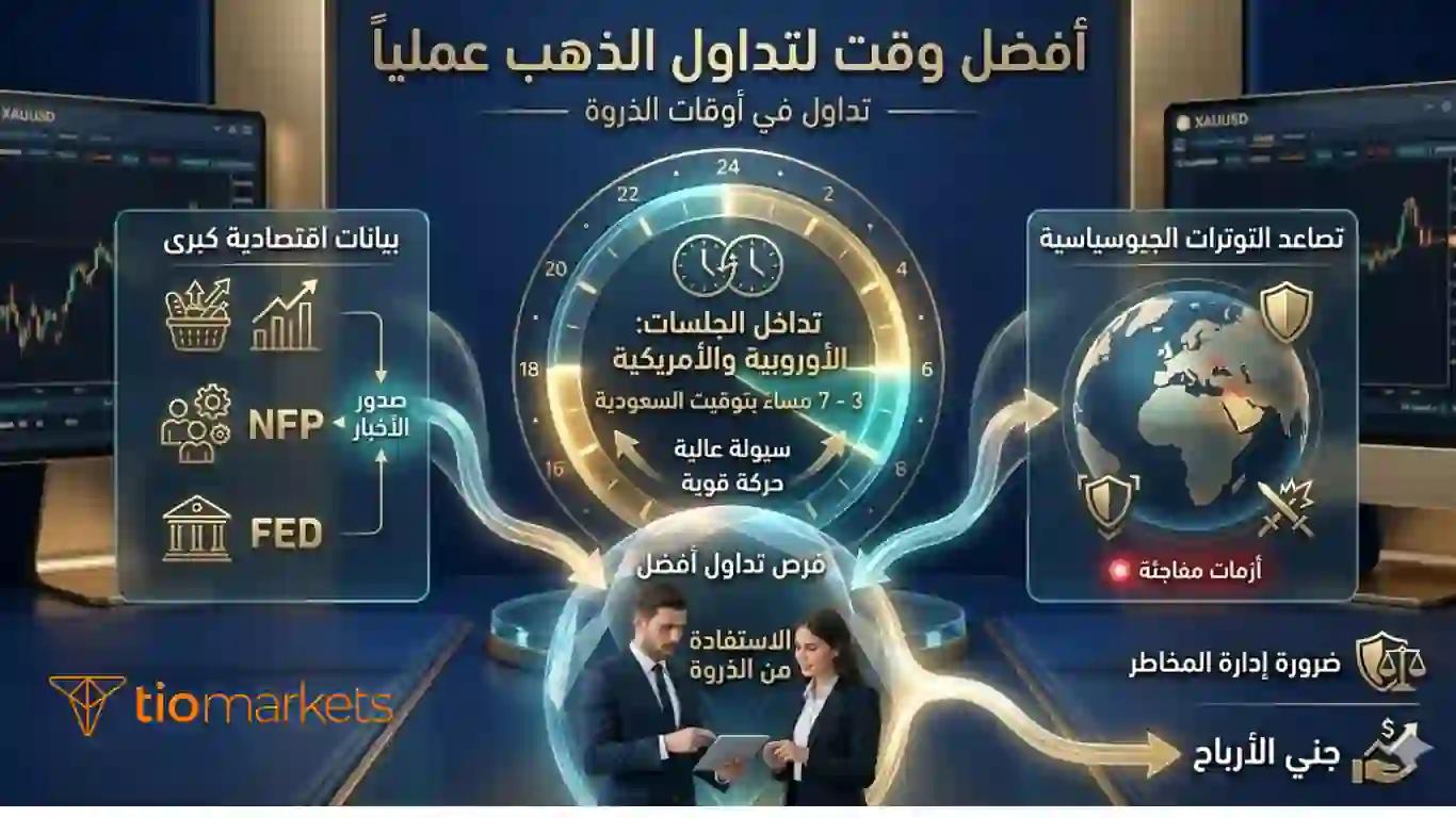 انفوجرافيك يوضح أفضل أوقات تداول الذهب (XAUUSD) وفترة تداخل الجلسة الأوروبية مع الأمريكية لتحقيق أعلى سيولة.