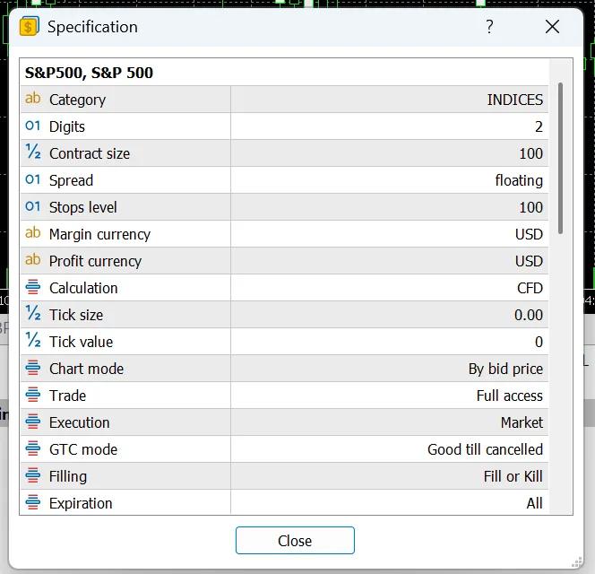 لقطة شاشة توضح نافذة مواصفات عقد مؤشر S&P 500 (Specification) على منصة ميتاتريدر، وتظهر شروط التداول مثل الهامش المطلوب، حجم اللوت، وأوقات التداول.