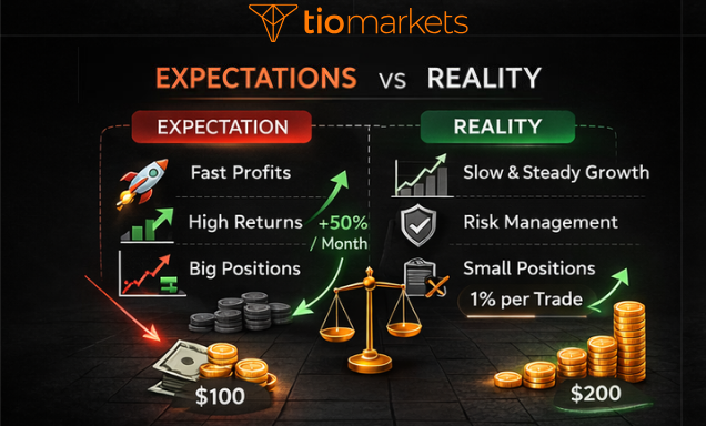 Image showing expectation vs reality of trading Forex with $100