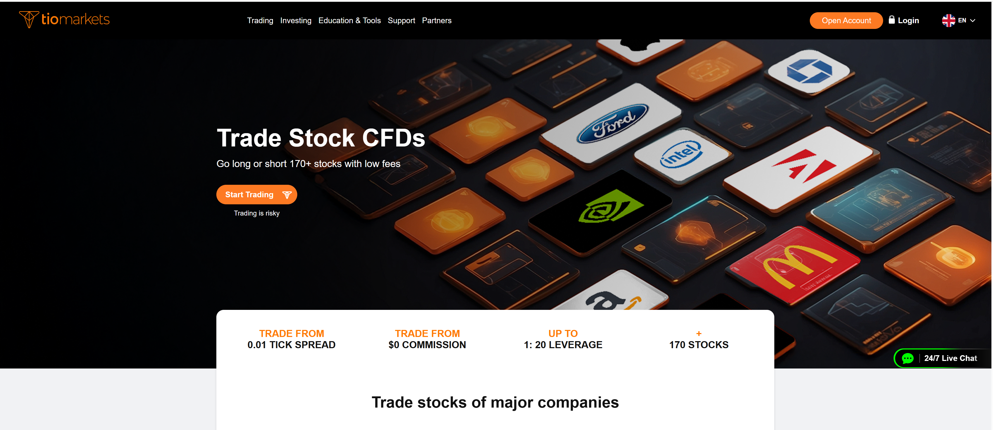 TIOmarkets Stock CFDs page