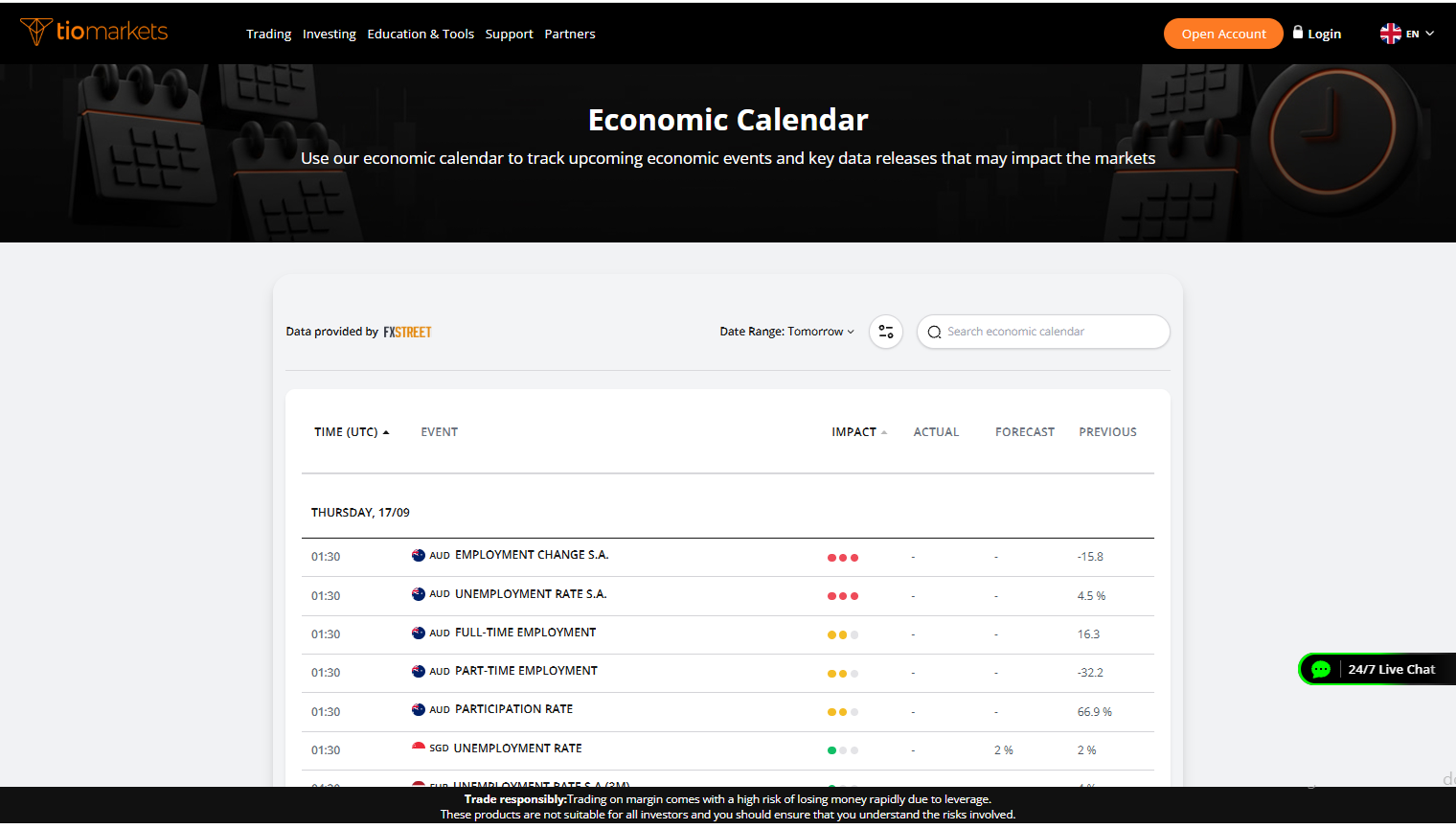 economic calendar TIOmarkets