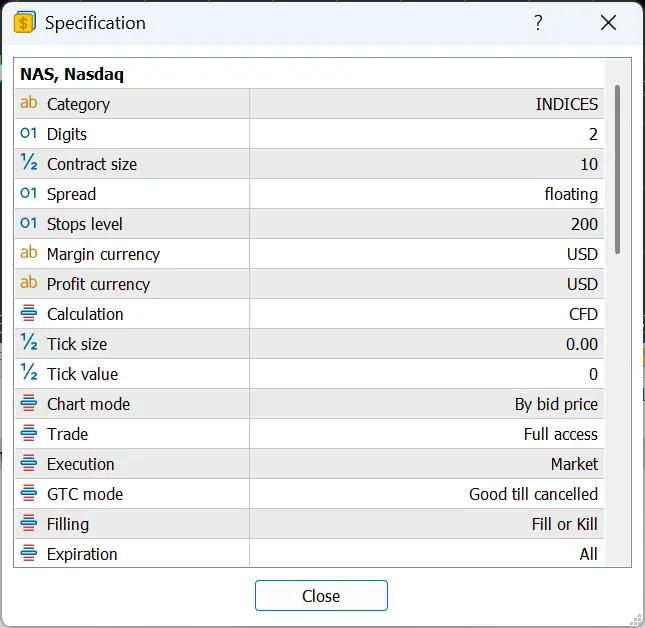 كيفية الوصول لجدول مواصفات عقد مؤشر الناسداك NAS100 لمعرفة حجم العقد وأوقات التداول على المنصة.