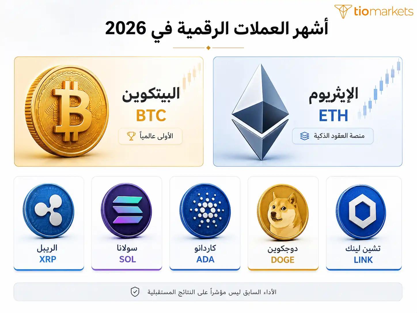 أشهر وأفضل العملات الرقمية 2026 - البيتكوين والإيثريوم وسولانا والريبل