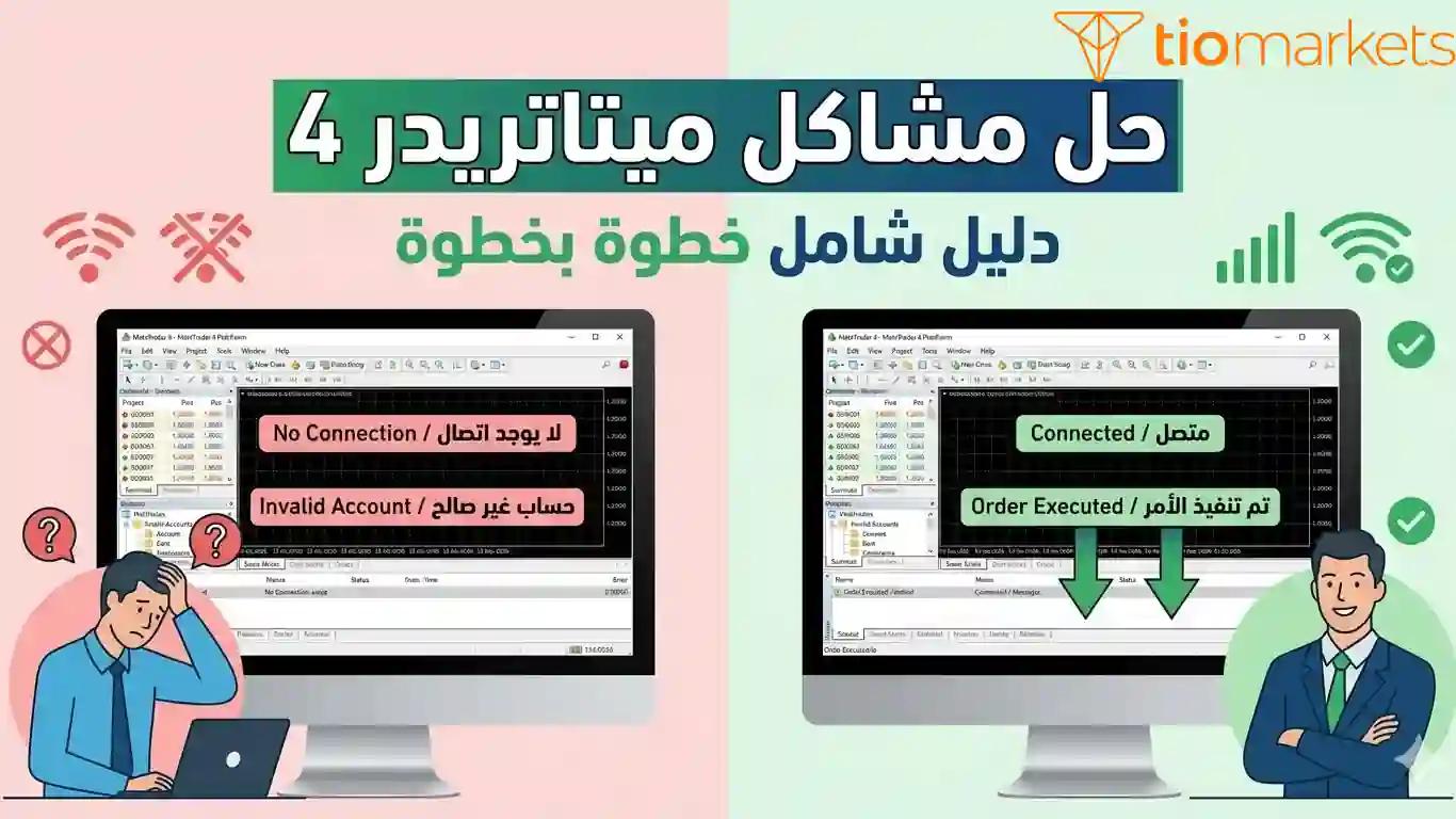 شعار ميتاتريدر 4 مع أيقونات تعبر عن حل أشهر مشاكل MT4 التقنية.