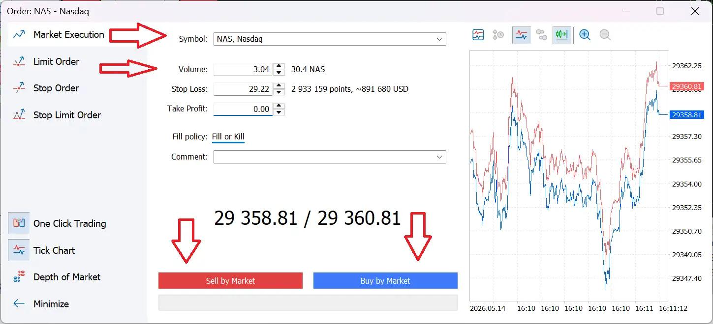 خطوات فتح صفقة تداول وتحديد حجم اللوت ووقف الخسارة لمؤشر ناسداك 100 (NAS) عبر نافذة أمر جديد في منصات ميتاتريدر MT4 و MT5