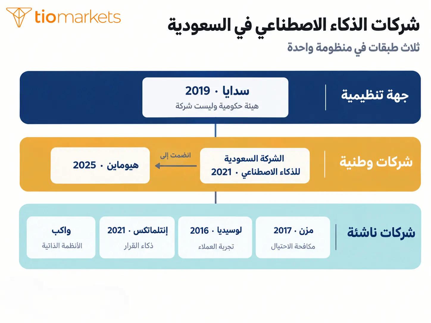 شركات الذكاء الاصطناعي في السعودية: سدايا جهة منظمة وهيوماين والشركة السعودية للذكاء الاصطناعي وشركات ناشئة مثل مزن ولوسيديا وإنتلماتكس وواكب