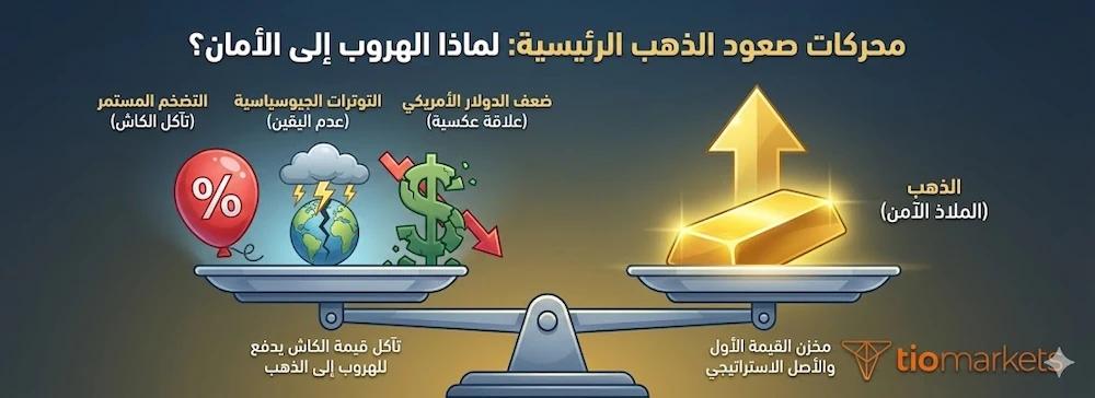 إنفوجرافيك يوضح محركات توقعات الذهب 2026 الرئيسية
