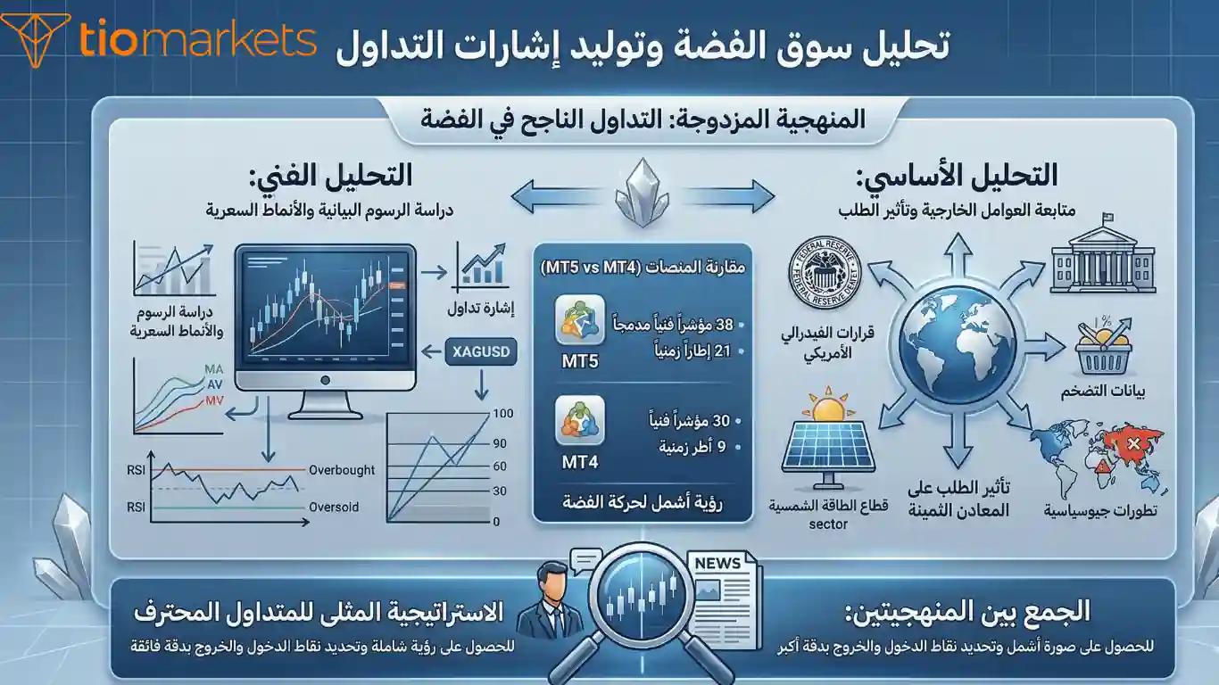 رسم توضيحي لدمج التحليل الفني والأساسي لتوليد إشارات تداول دقيقة لأسعار الفضة XAGUSD