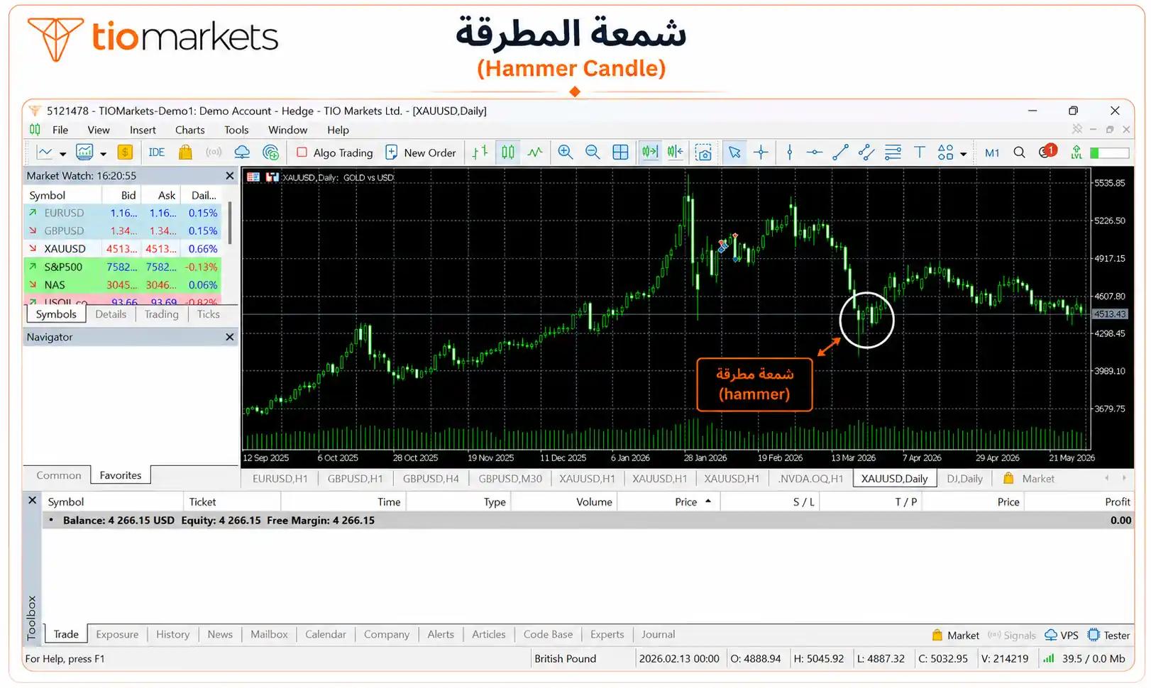 رسم بياني يوضح نموذج مطرقة ناجح على الذهب (XAUUSD) على الإطار الزمني اليومي، مع ظهور شمعة التأكيد الصاعدة وانعكاس السعر بمعدل عائد إلى مخاطرة 1:3.