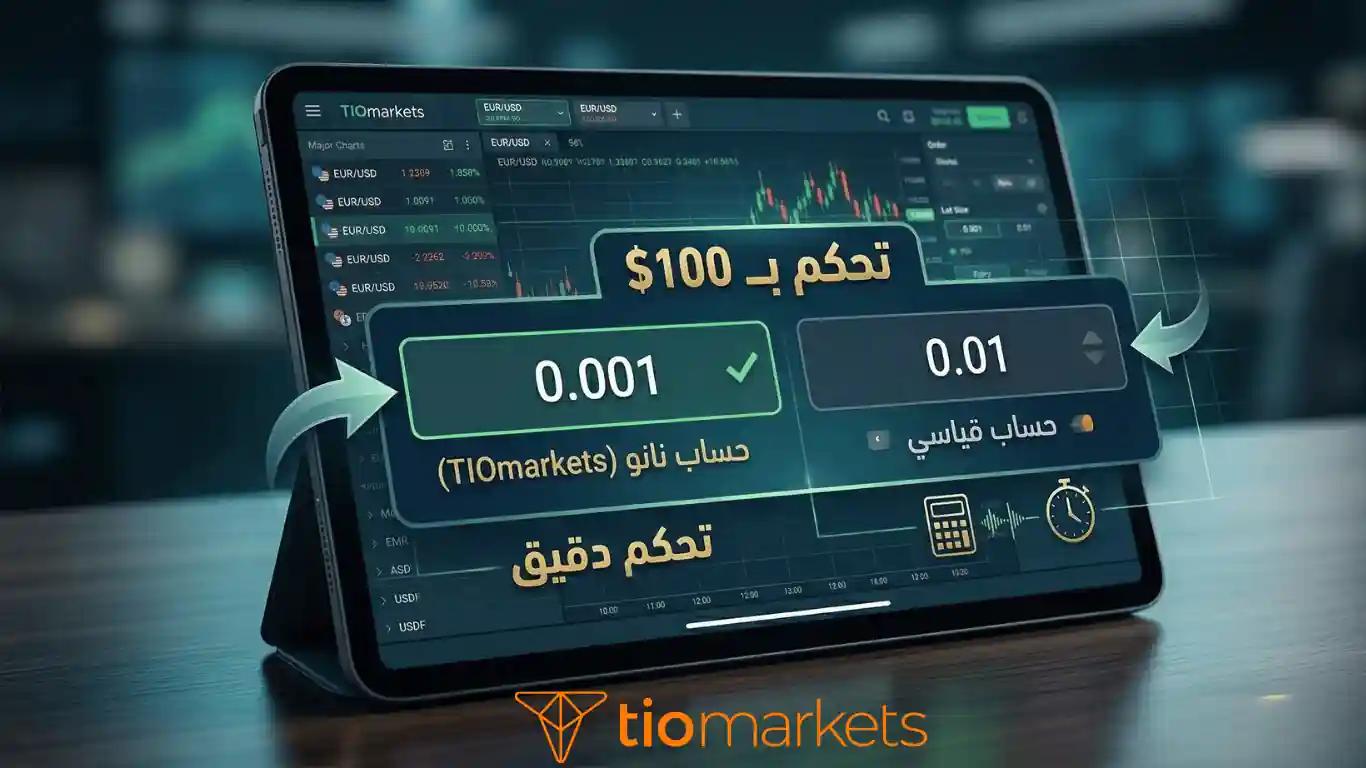 ميزة حساب النانو من TIOmarkets في تداول الفوركس بـ 100 دولار باستخدام حجم لوت 0.001 لتقليل المخاطر.