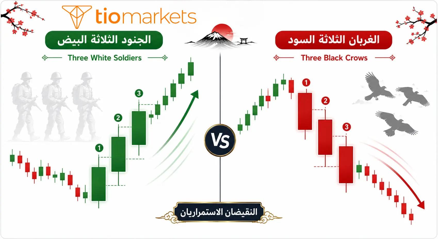 شموع الجنود الثلاثة البيض والغربان الثلاثة السود: النماذج الاستمرارية الصاعدة والهابطة