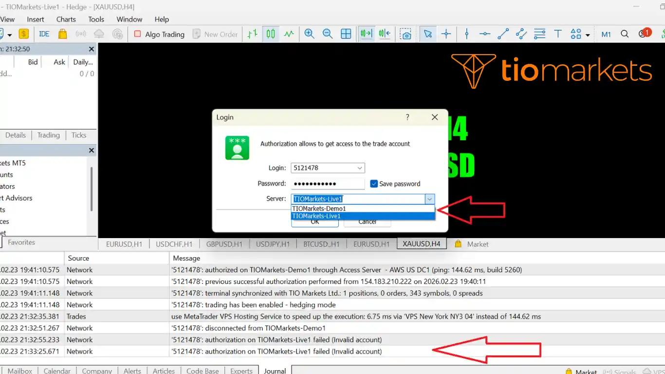نافذة تسجيل الدخول في ميتاتريدر 5 توضح اختيار السيرفر الصحيح لحل مشكلة Invalid Account.