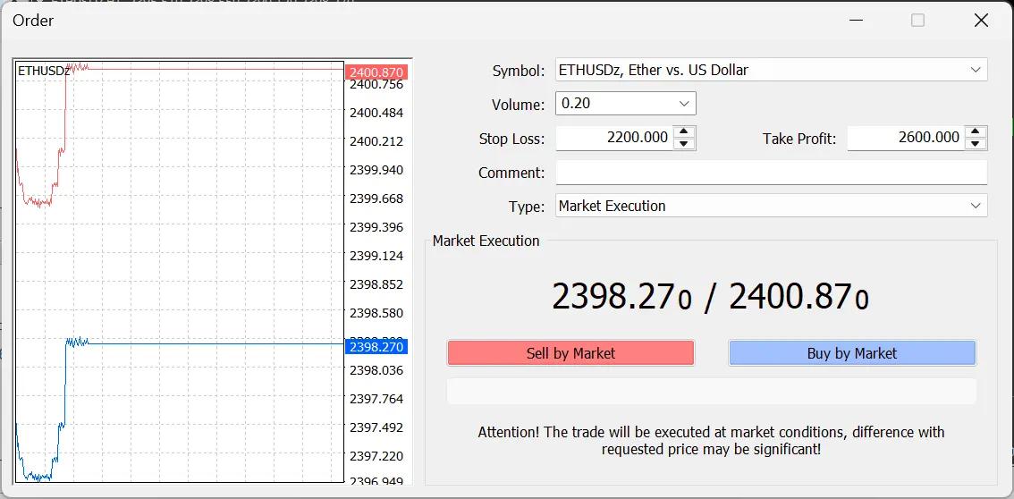 خطوات فتح صفقة تداول وتحديد حجم اللوت ووقف الخسارة للايثيريوم (ETHUSD) عبر نافذة أمر جديد في منصات ميتاتريدر MT4 و MT5