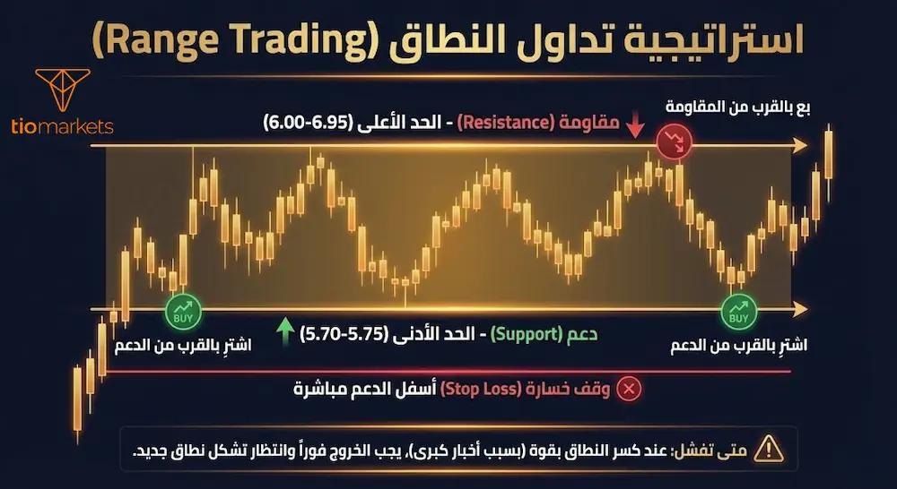 رسم بياني يوضح استراتيجية تداول النطاق (Range Trading) في تداول النحاس، مع تحديد مستويات الدعم عند 5.70-5.75 والمقاومة عند 5.95-6.00 للشراء والبيع.