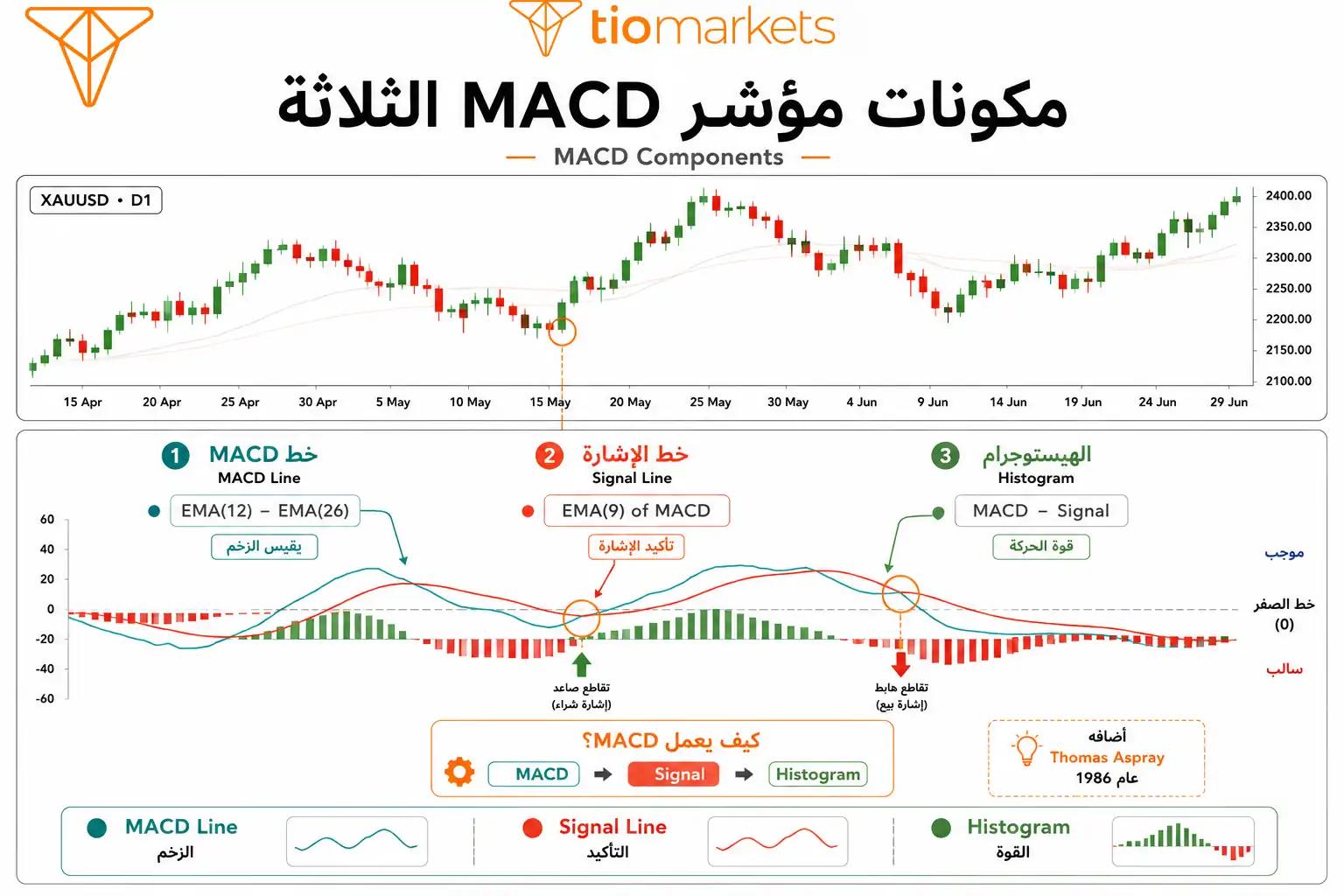 المكونات الثلاثة لمؤشر MACD: خط الماكد، خط الإشارة، والهيستوجرام - شرح بصري كامل
