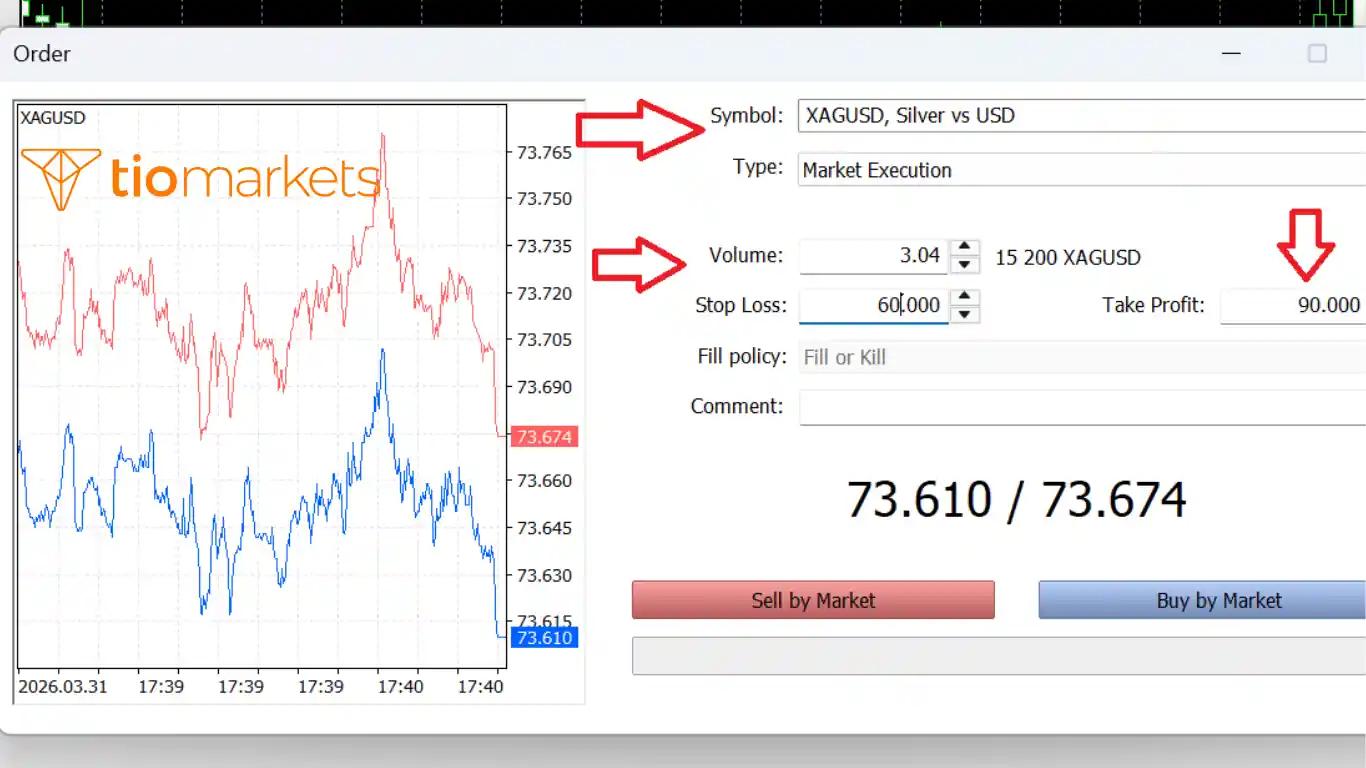 نافذة أمر جديد لفتح صفقة فضة XAGUSD توضح كيفية ضبط حجم اللوت ووقف الخسارة وجني الأرباح على ميتاتريدر