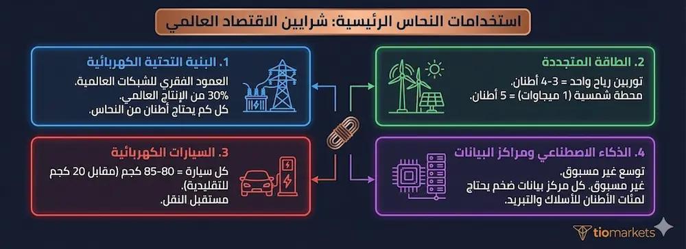 انفوجرافيك يوضح استخدامات تداول النحاس الرئيسية الأربعة: البنية التحتية الكهربائية، السيارات الكهربائية، الطاقة المتجددة، ومراكز بيانات الذكاء الاصطناعي.