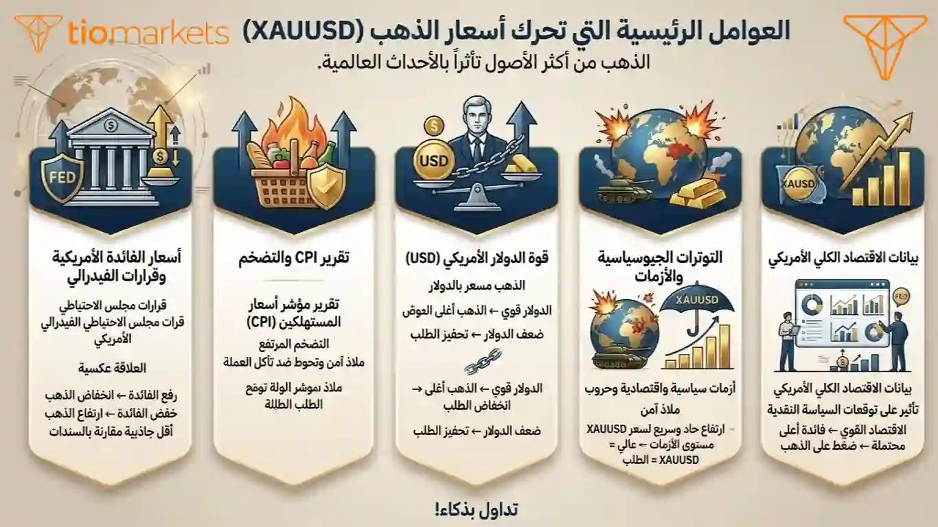 انفوجرافيك يوضح أهم 5 عوامل اقتصادية وجيوسياسية تحرك أسعار الذهب (XAUUSD) مثل أسعار الفائدة والتضخم وقوة الدولار.