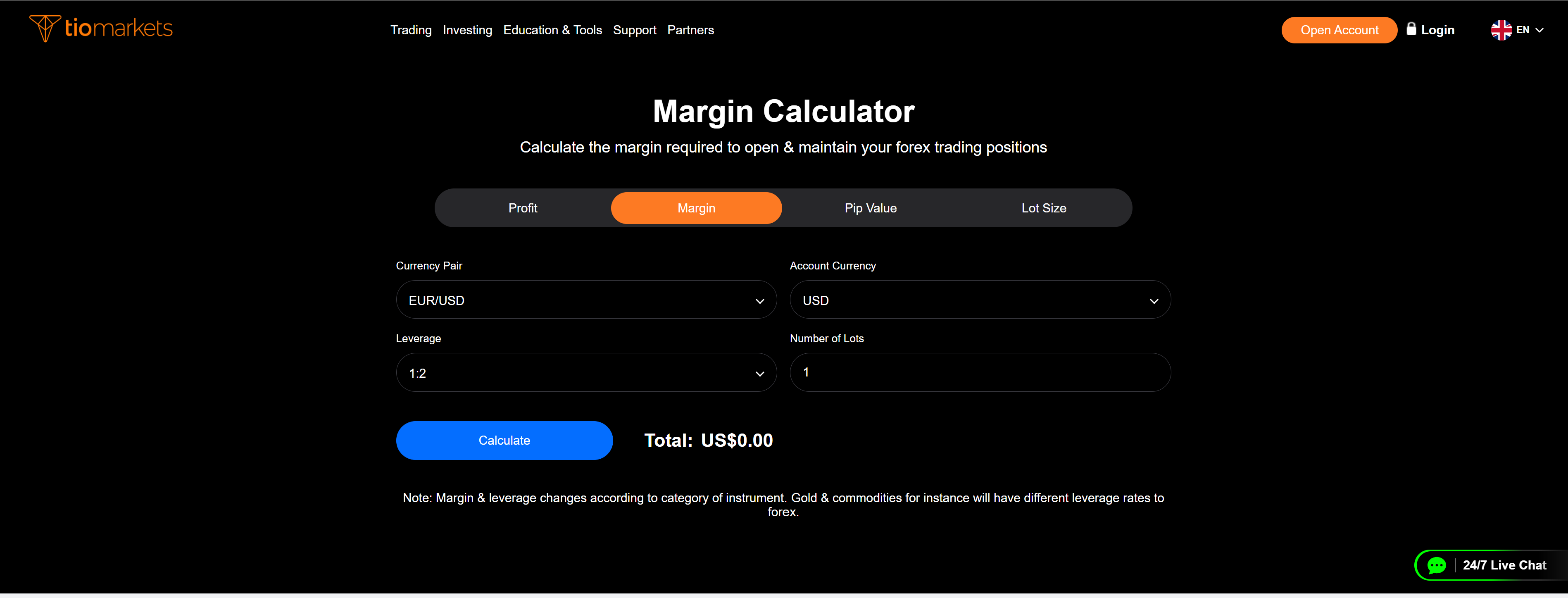 TIOmarkets Margin Calculator