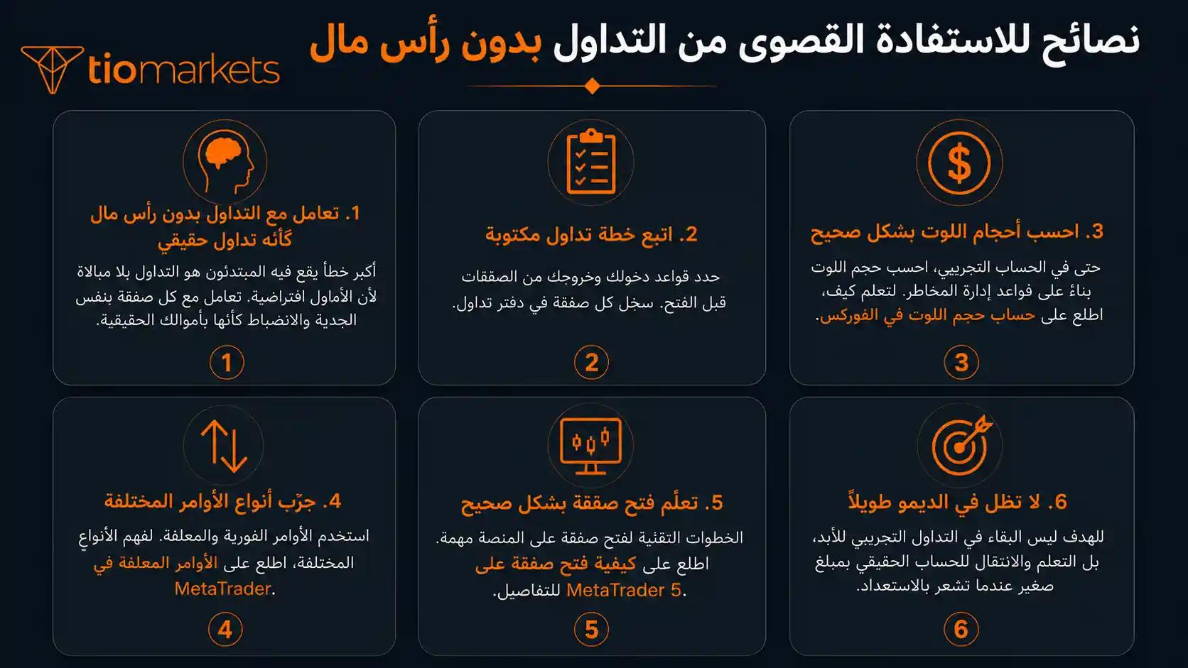 قائمة توضح 6 نصائح للاستفادة القصوى من التداول بدون رأس مال وإدارة الحساب التجريبي بنجاح قبل الانتقال للحساب الحقيقي.