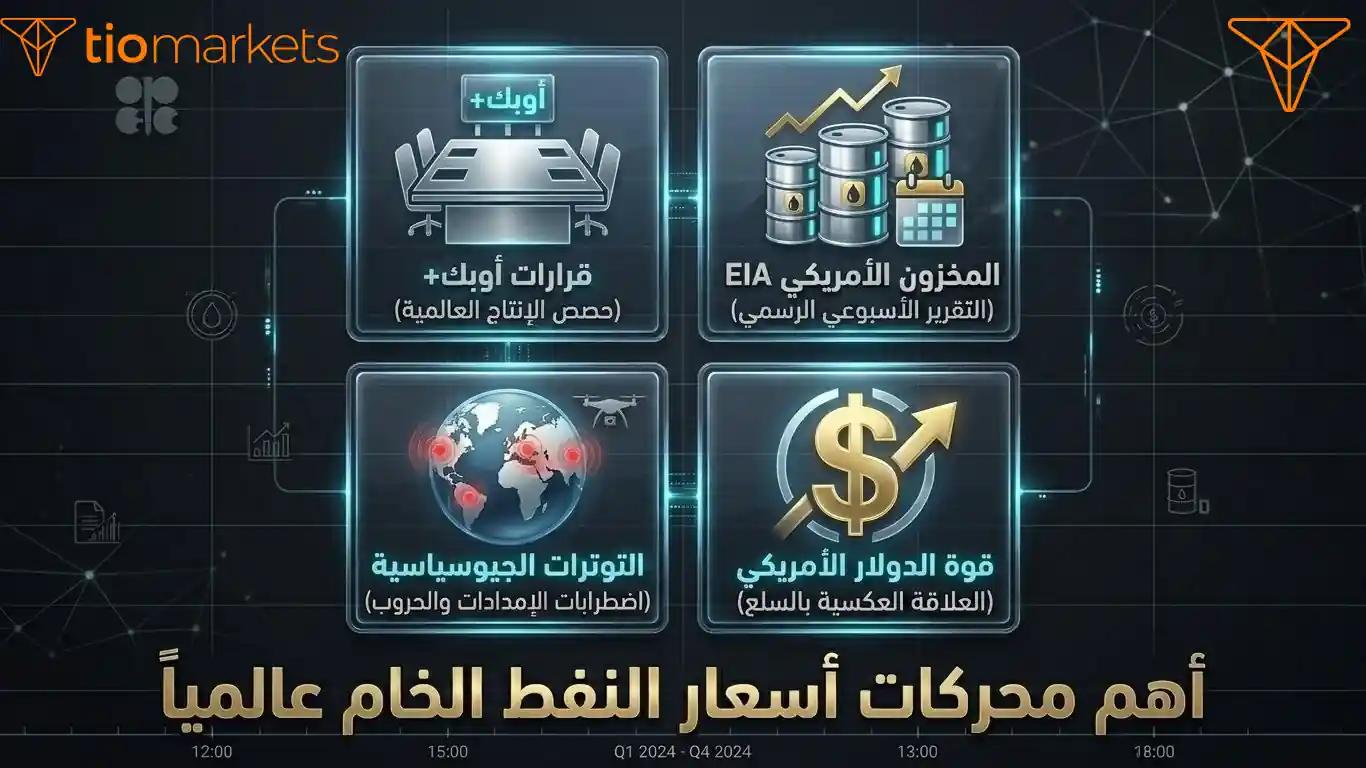 إنفوجرافيك يوضح أهم العوامل المؤثرة على أسعار النفط الخام عالمياً مثل التوترات الجيوسياسية وقرارات أوبك ومخزونات الطاقة.