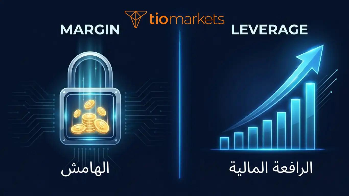 صورة توضح الفرق بين الرافعة المالية (النسبة التي تضاعف القدرة الشرائية) والهامش المطلوب (المبلغ الفعلي المحجوز من الحساب لفتح الصفقة).
