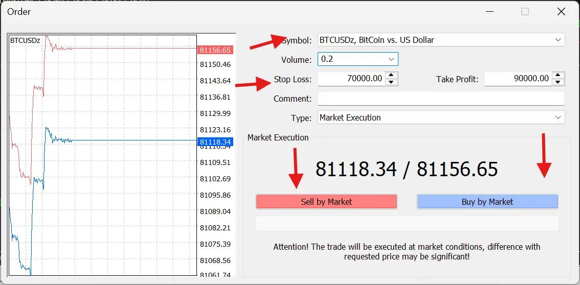 خطوات فتح صفقة تداول وتحديد حجم اللوت ووقف الخسارة للبيتكوين (BTCUSD) عبر نافذة أمر جديد في منصات ميتاتريدر MT4 و MT5