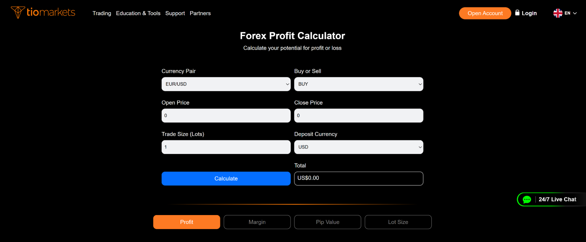 Image showing the TIOmarkets calculator