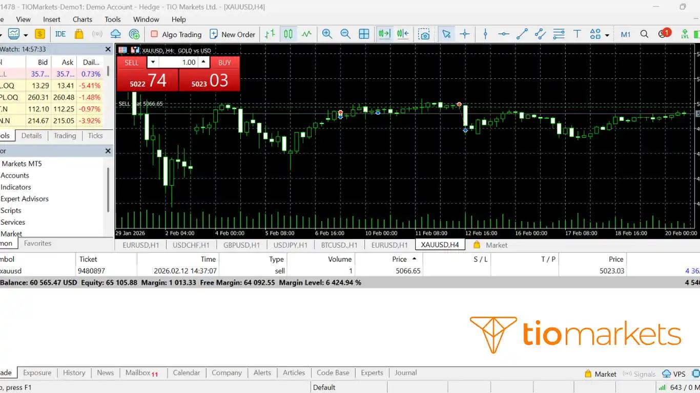 شرح واجهة منصة ميتاتريدر 5 للمبتدئين وتوضيح أقسام مراقبة السوق والرسوم البيانية ونافذة الصفقات.