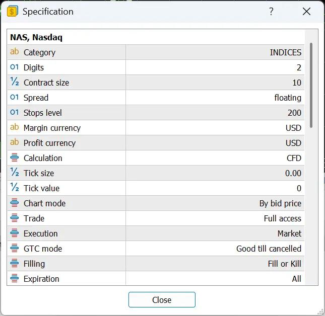 نافذة مواصفات العقد لمؤشر ناسداك 100 (NAS) في منصة ميتاتريدر، توضح تفاصيل شروط التداول مثل حجم العقد، والحد الأدنى والأقصى لحجم اللوت، وخطوة الحجم.