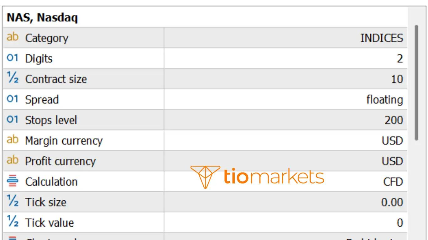 نافذة مواصفات عقد مؤشر ناسداك NAS100 داخل منصة ميتاتريدر 5 توضح حجم العقد القياسي والحد الأدنى للوت.
