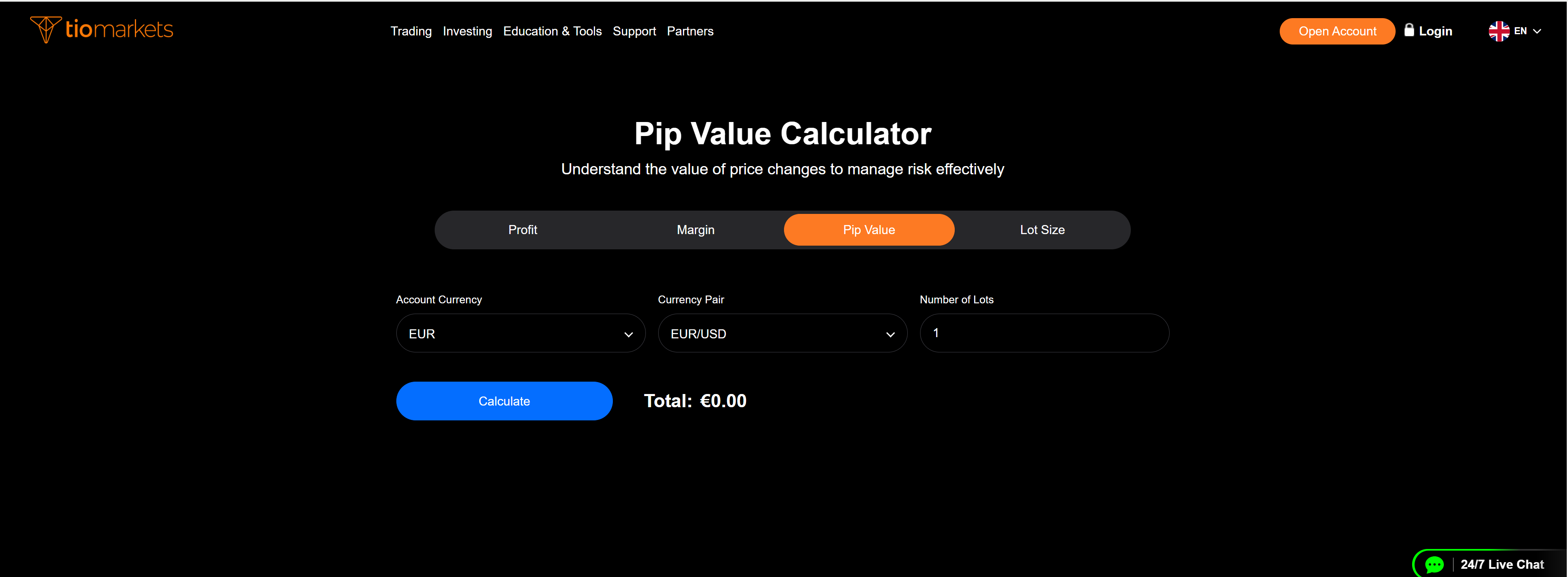 TIOmarkets Pip Value Calculator