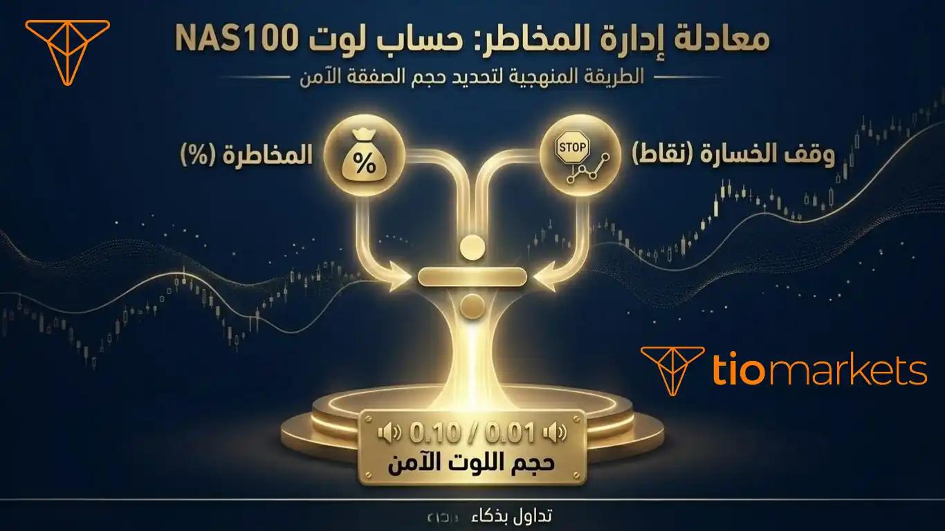 انفوجرافيك يوضح معادلة حساب حجم اللوت في تداول مؤشر ناسداك NAS100 بناءً على مبلغ المخاطرة ومسافة وقف الخسارة.