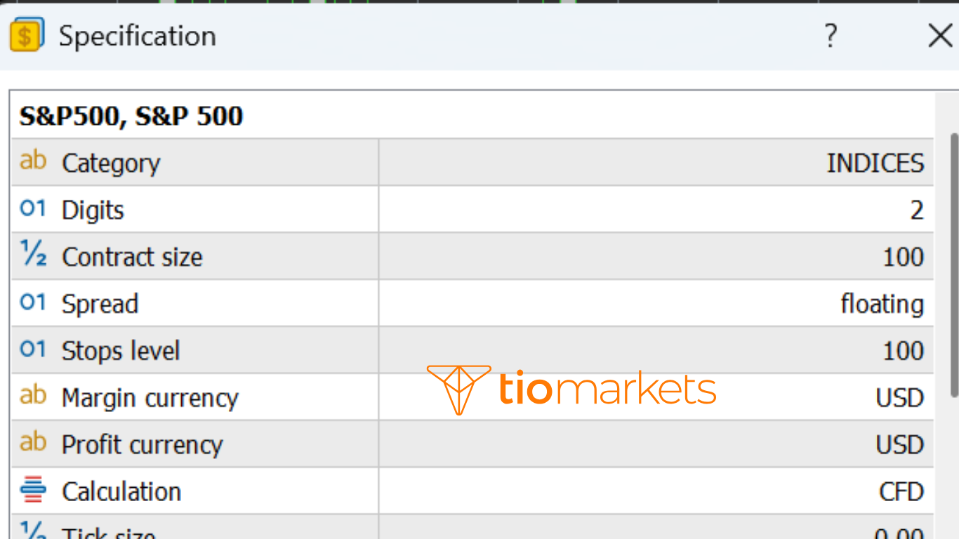 نافذة مواصفات العقد لمؤشر SP500 على منصة ميتاتريدر 5 توضح حجم اللوت والحد الأدنى.