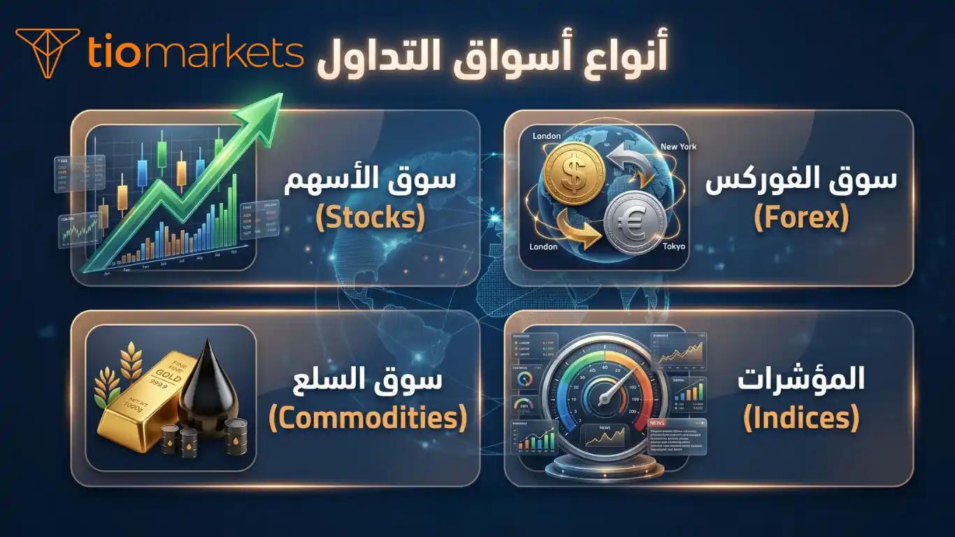 إنفوجرافيك يوضح أنواع أسواق التداول المالي الأربعة الرئيسية: سوق الأسهم، سوق الفوركس، سوق السلع، وسوق المؤشرات مع أيقونات تعبيرية.