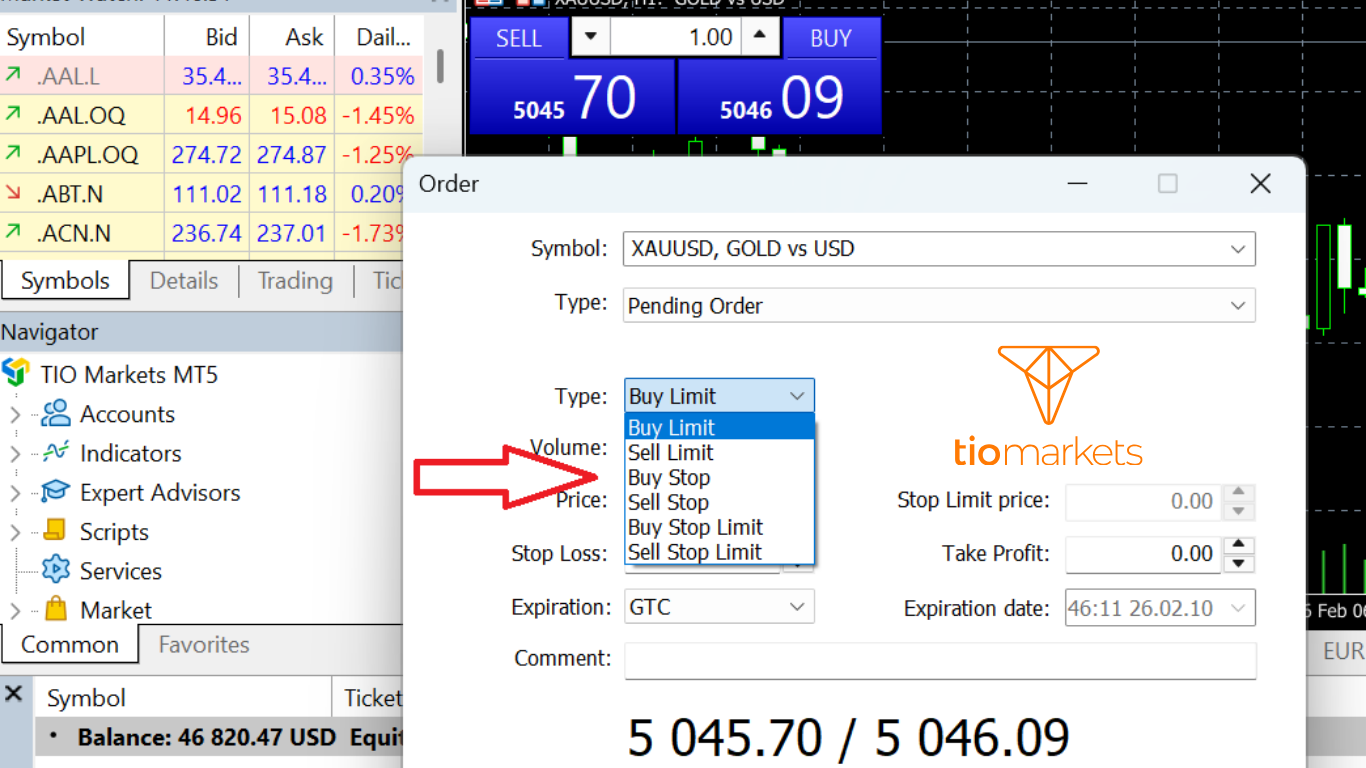 شرح كيفية وضع أمر معلق في منصة ميتاتريدر 5 (MT5) واختيار Pending Order من نافذة التنفيذ.
