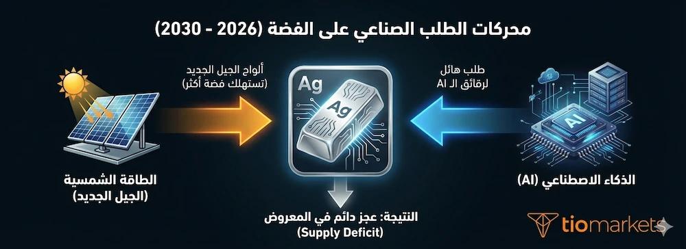 إنفوجرافيك يوضح محركات الطلب الصناعي من الذكاء الاصطناعي التي تدعم توقعات سعر الفضة 2026.