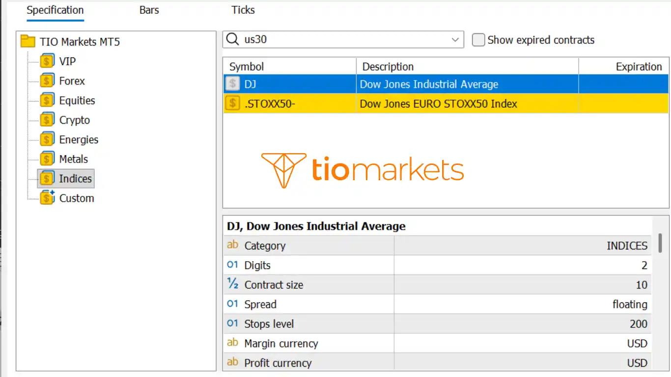 نافذة مواصفات عقد US30 داخل منصة MT5 توضح حجم العقد والحد الأدنى للوت.