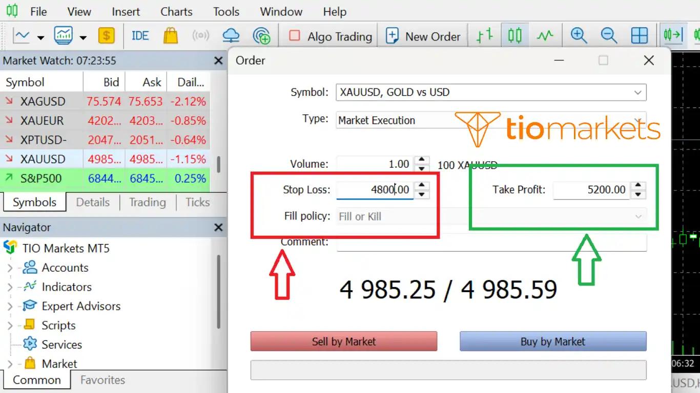كيفية وضع وقف الخسارة وجني الأرباح في نافذة الأمر الجديد New Order على منصة ميتاتريدر 5.