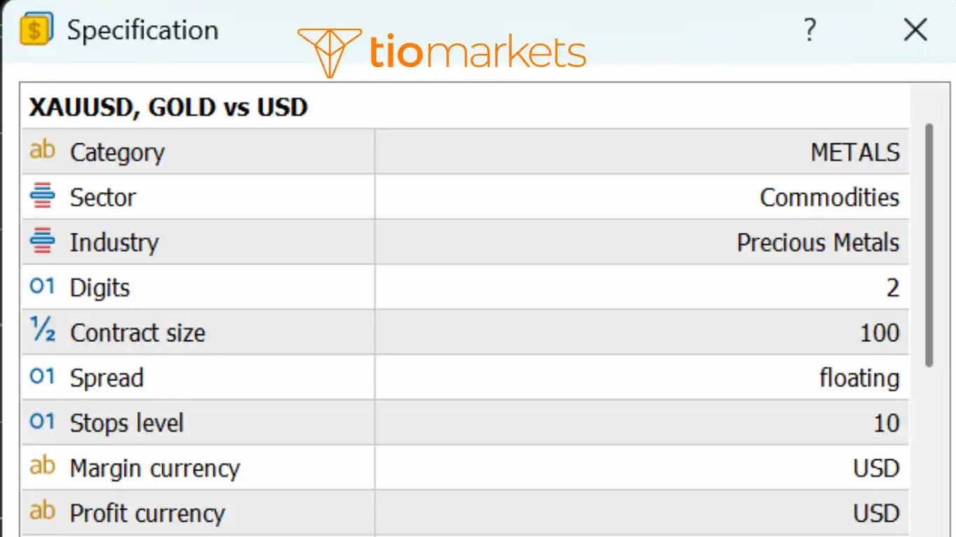 نافذة مواصفات عقد الذهب XAUUSD داخل منصة التداول MT4 و MT5 توضح حجم العقد والحد الأدنى للوت.