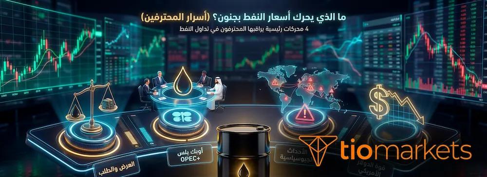 إنفوجرافيك يوضح المحركات الأربعة الرئيسية لأسعار النفط: العرض والطلب، قرارات منظمة أوبك بلس، الأحداث الجيوسياسية، وقوة الدولار الأمريكي.